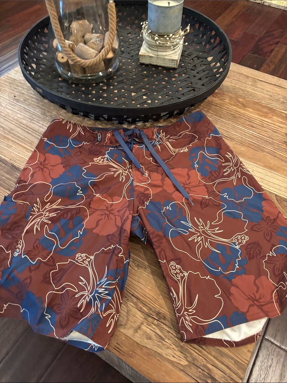 Men's Floral Board Shorts in Rust with Blue Print